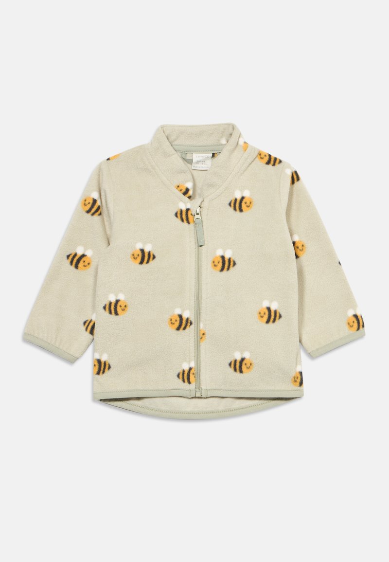 Παιδικό μπεζ μπουφάν από φλις με πλήρες φερμουάρ, διακοσμημένο με μοτίβα χαμογελαστών κίτρινων και μαύρων μελισσών.