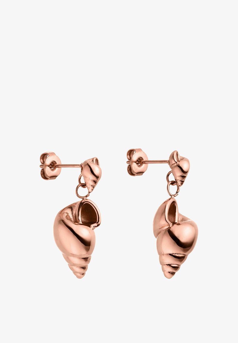 Ohrringe aus Roségold in Form von spiralförmigen Muscheln, mit glatter Textur und hängendem Design, das mit einem Steckverschluss befestigt ist.