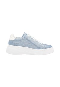 Light blue denim sneakers with white rubber soles, featuring a smooth texture, round toe, and six white eyelets for laces.
