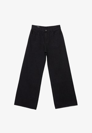 Schwarze Jeans mit weitem Bein aus Denim, mit hohem Bund, Fünf-Taschen-Design und dezenten Nahtdetails.