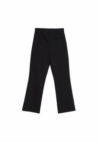 Pantalons larges noirs en tissu lisse, dotés d'une taille, de deux poches arrière et d'un devant plat sans embellissements.