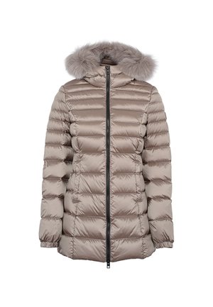 Giacca puffer di un beige chiaro con cappuccio staccabile rifinito in pelliccia, chiusura con zip e design a quadri orizzontali. Inclusi polsini elastici e tasche.