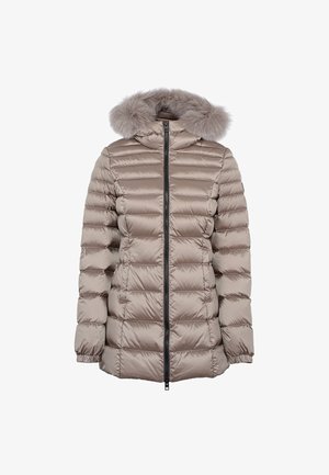 Giacca puffer di un beige chiaro con cappuccio staccabile rifinito in pelliccia, chiusura con zip e design a quadri orizzontali. Inclusi polsini elastici e tasche.