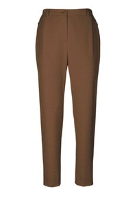 Braune maßgeschneiderte Hosen aus weichem Stoff, mit einem Knopfverschluss vorne, Gürtelschlaufen und geraden Beinen mit Seitentaschen.