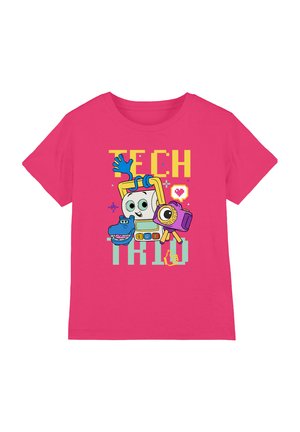 Bright pink T-shirt with cartoon robot holding a camera and a blue dinosaur, text "TECH RAD" in yellow and light blue pixel-style letters.