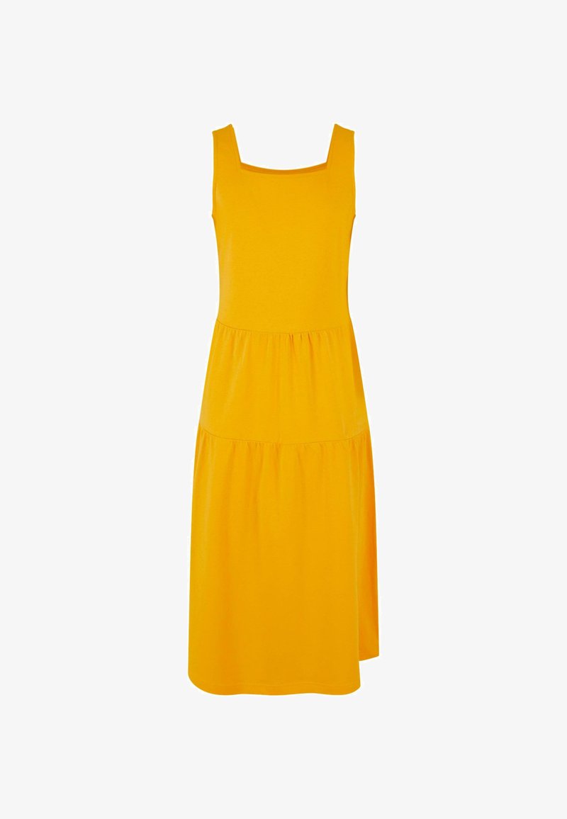 Żółta, bezrękawnikowa sukienka midi o kwadratowym dekolcie, z warstwowym krojem i miękkiego materiału, zapewniająca gładką fakturę oraz wygodne dopasowanie.