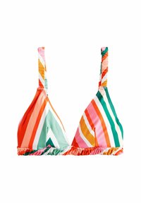 Dreieckiger Bikini-Oberteil in lebhaften Farben mit horizontalen Streifen in Pink, Orange, Grün und Weiß, mit Rüschem Saum und verstellbaren Trägern.