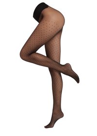 Schwarze Punktstrumpfhosen mit einem semi-transparenten Finish, die kleine schwarze Punkte aufweisen, die gleichmäßig verteilt sind. Sie haben eine glatte Textur und einen hohen Taillenbund.