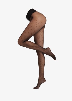 Czarne rajstopy w kropki z półprzezroczystym wykończeniem, z małymi czarnymi kropkami równomiernie rozmieszczonymi. Mają gładką teksturę i wysoki stan.