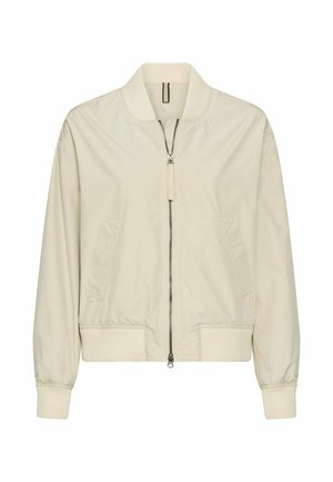 Jasnobeżowa kurtka bomber z przednim zamkiem błyskawicznym, ściągaczem przy kołnierzu, mankietach i dolnej krawędzi oraz dwoma skośnymi przednimi kieszeniami.