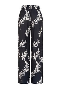 Pantalones negros de pierna ancha con estampado floral blanco y cintura elástica, hechos de tela ligera.