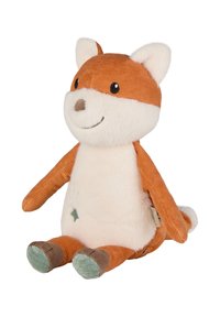 Plush fox toy with orange and white fabric, embroidered eyes, and a smiling mouth. Textured arms and feet with green accents.