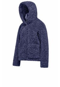 Donkerblauwe fleecejack met een capuchon, met een gestructureerde, fuzzy buitenkant en twee voorzakken. Ritssluiting aan de voorkant.