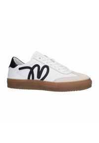 White low-top sneaker with black heel tab, black embroidered design on side, beige suede toe, and gum rubber sole.