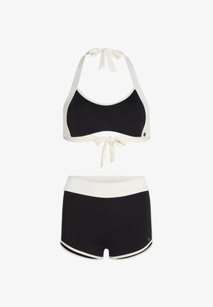 Mustvalgega aktsentidega must bikiinide ülaosa, kaela taga seotav ja lipsudetailidega. Sobivad kõrge vöökohaga püksid, millel on valge ääris ja logo jalal.
