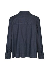 Mørkeblå denimskjorte, lange ærmer, krave, med knapdetaljer ved manchetterne, en afslappet pasform og en glat tekstur med subtil glans.