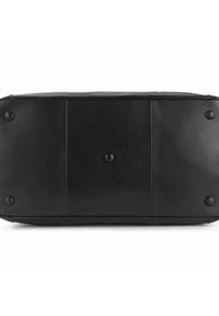 Zwarte leren tas met een rechthoekige vorm, zichtbare stiksels, vier ronde voetjes en een centrale knoopachtige detail aan de onderkant.