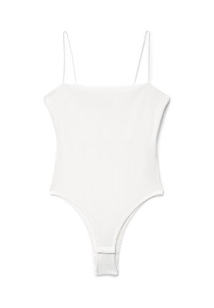 Body intero bianco a coste con sottili spalline e aperture per le gambe a taglio alto.