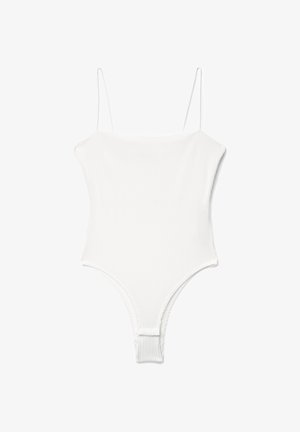 Body intero bianco a coste con sottili spalline e aperture per le gambe a taglio alto.