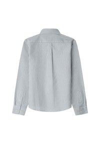 Vista posterior de una camisa de manga larga con rayas verticales en gris claro y blanco, cuello abotonado y puños de doble botón.