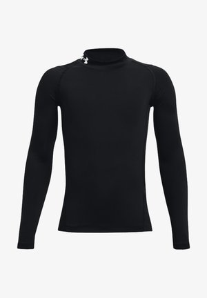 Zwarte sportieve shirt met lange mouwen en hoge kraag, gemaakt van een gladde, rekbare stof. Heeft schoudernaden voor verbeterde flexibiliteit.