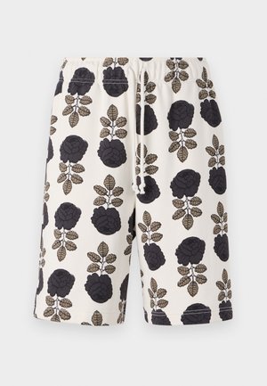 Pamut rövidnadrág, rugalmas derékpánttal, fekete rózsa és tompa zöld levelek virágmintájával, krémszínű háttéren.