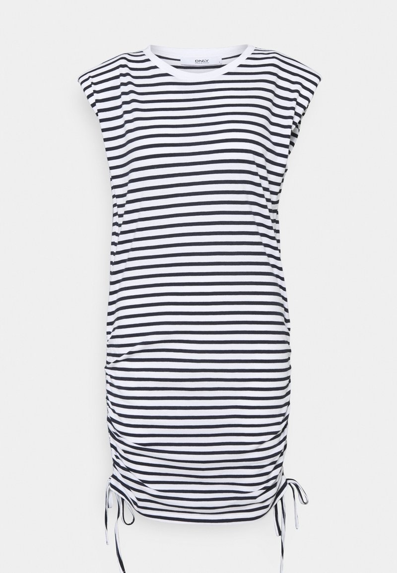 Robe rayée en noir et blanc, dotée de manches courtes, d'un col rond et de côtés à cordon réglable pour ajuster la longueur. Tissu à la texture douce.