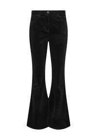 Zwarte fluwelen flared broek met een hoge taille, voorzakken en een splitzoomontwerp, met een zachte textuur en een stijlvolle uitstraling.