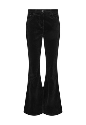 Pantalon en velours côtelé noir évasé avec une taille haute, des poches avant, et un ourlet fendu, avec une texture douce et une apparence élégante.
