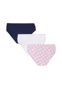 Tre paia di slip femminili in blu navy, bianco e rosa con pois bianchi, impilati su uno sfondo bianco.