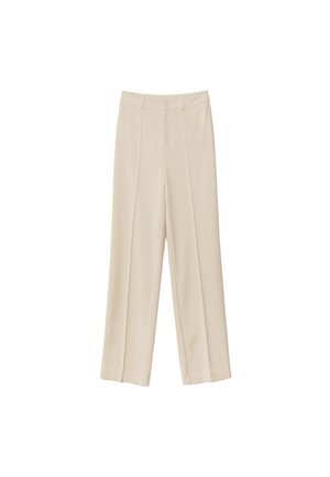 Pantalon beige taille haute à jambes droites avec pli avant, passants pour ceinture et fermeture par bouton, présenté sur fond blanc.
