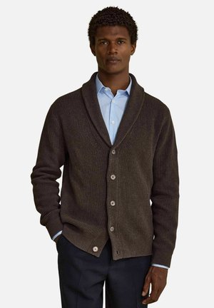 Mand iført en brun knap-foran cardigan med sjalkrave over en lyseblå skjorte og mørke bukser, stående med den ene hånd i lommen.