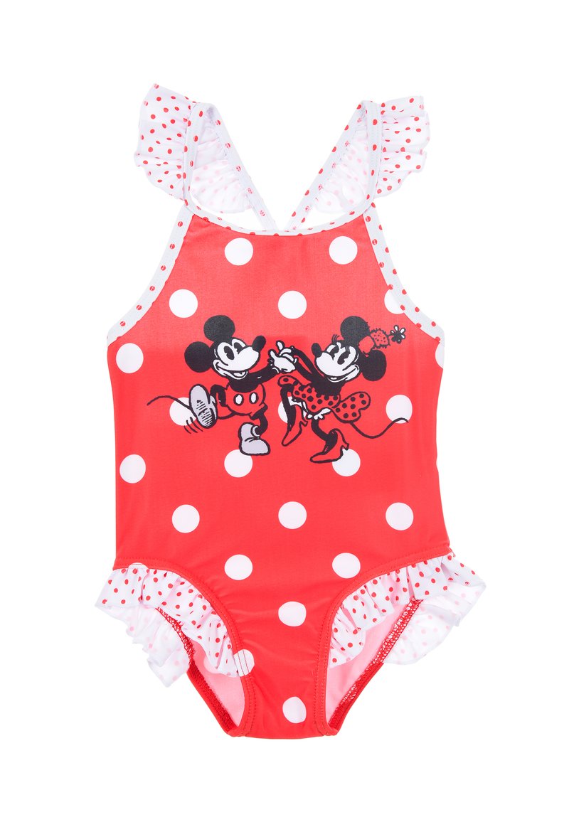 Maillot de bain rouge à pois avec des bretelles et un ourlet volantés. Graphique de Mickey et Minnie Mouse en noir et blanc au centre.