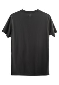 Zwarte kortebloem t-shirt gemaakt van katoen, met een ronde hals en een klein schaarlogo op de achterkant van de hals. Soepele textuur.