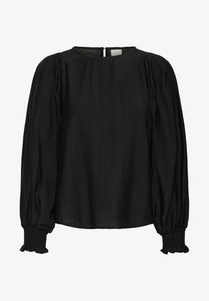 Zwarte blouse met lange pofmouwen, ronde halslijn en gesmokte mouwen. Gemaakt van lichte stof met een textuurafwerking. Opening met keyhole aan de achterkant.