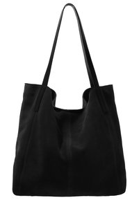 Czarna torebka typu tote z zamszu, z dwoma długimi uchwytami i dekoracyjnym szwem na środku. Miękka faktura i luźny kształt, bez widocznych elementów metalowych.