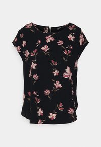 Blusa nera a maniche corte con un motivo floreale nelle sfumature di rosa e beige. Collo rotondo con chiusura a bottone sul retro. Texture liscia.
