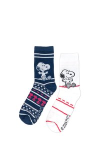 I calzini presentano un design blu navy con Snoopy e dei motivi rosa, e un design bianco con Snoopy contornato in rosso. Entrambi sono in misto cotone.