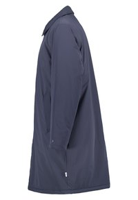 Navy waterproof coat with a collar, side pockets, long sleeves, and a straight cut. Features minimalistic design and smooth texture.