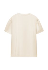 Beige Kurzarm-T-Shirt mit rundem Halsausschnitt. Weicher, leichter Stoff mit lockerer Passform. Schlichtes Design, keine sichtbaren Marken oder Muster.