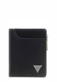 Portafoglio nero in pelle e tessuto, con una sezione superiore texturizzata, emblema del logo in argento e chiusura a zip sul lato.