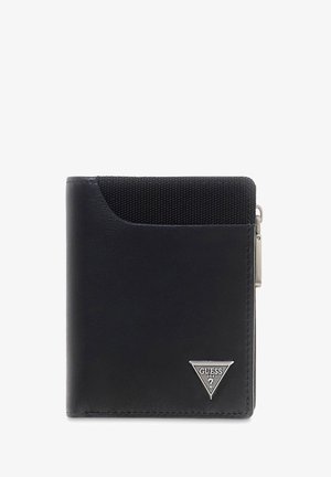 Schwarze Geldbörse aus Leder und Stoff, mit einem strukturierten oberen Abschnitt, silbernem Logo-Emblem und einem Reißverschluss an der Seite.