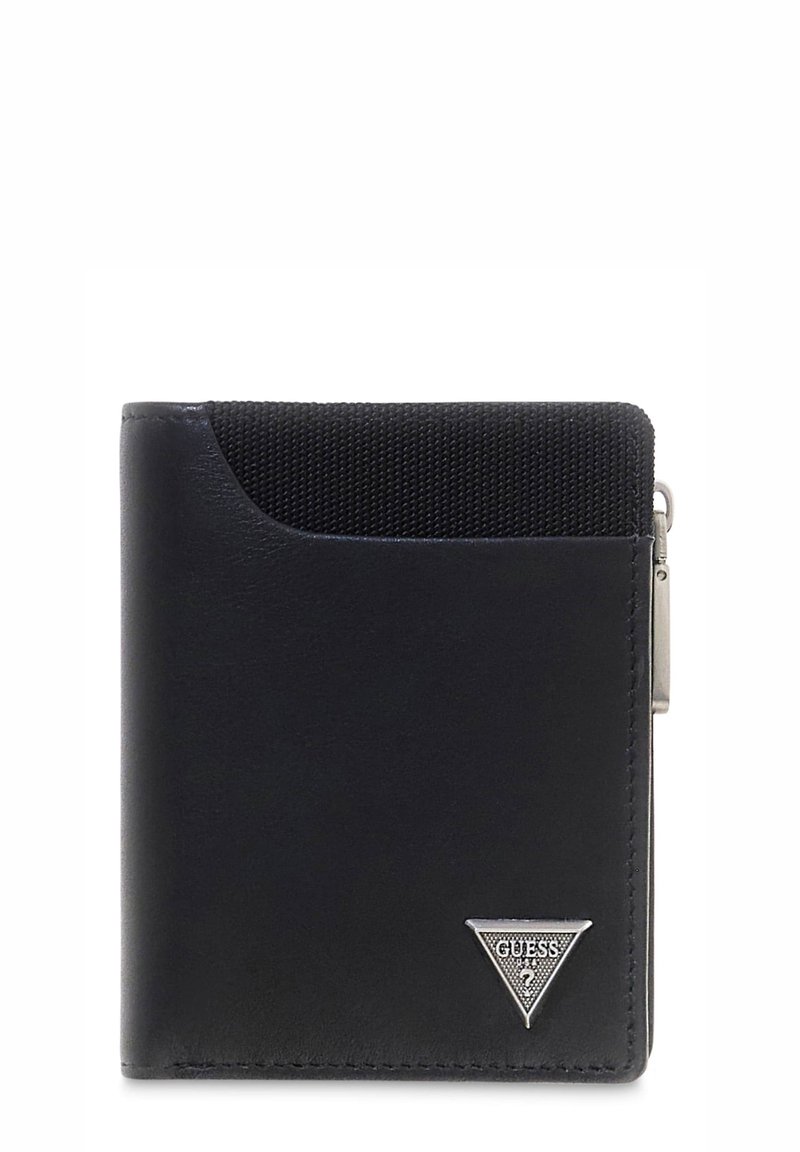 Portafoglio nero in pelle e tessuto, con una sezione superiore texturizzata, emblema del logo in argento e chiusura a zip sul lato.