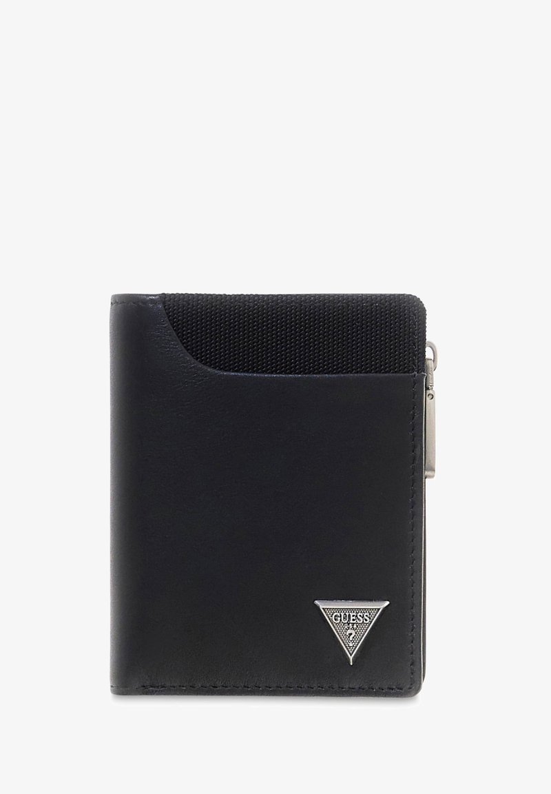 Portafoglio nero in pelle e tessuto, con una sezione superiore texturizzata, emblema del logo in argento e chiusura a zip sul lato.