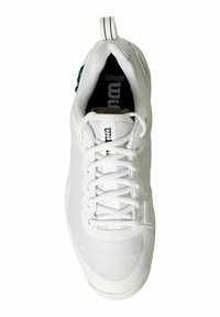 Zapatilla deportiva blanca con parte superior texturizada, cierre de cordones y plantilla OrthoLite. Presenta un logotipo en el lateral y una lengüeta en el talón para facilitar el uso.