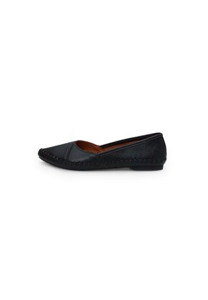 Black leather ballet flats with a pointed toe, featuring a stitched border and a low, rounded heel. Interior lined in brown.