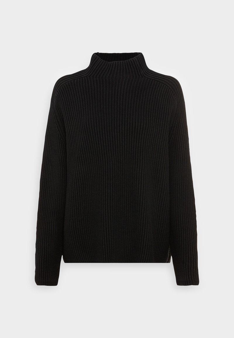 Mustat ribbineuleiset kauluspuserot pitkähihaisina, rentoa istuvuutta ja tekstuurista neulekuviota, suunniteltu lämpöä ja mukavuutta varten.