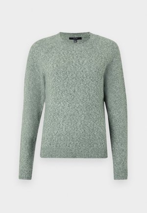 Pull en vert clair, fabriqué à partir d'un matériau tricoté texturé. Présente un col rond, des manches raglan longues et des poignets et un ourlet côtelés.