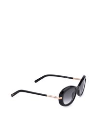 Lunettes de soleil noires à monture ronde avec verres foncés dégradés et fines touches dorées aux branches, présentées sur fond blanc.