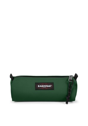 Green Eastpak pencil case made of durable fabric, cylindrical shape, featuring a top zipper closure and a black logo patch.
